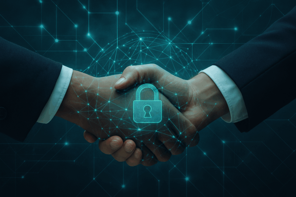 Two business professionals shaking hands with digital network and lock symbol representing secure collaboration.