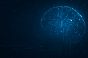abstract digital brain with circuitry on a dark blue background