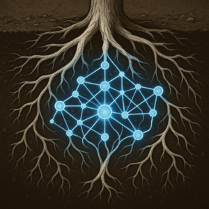 illustration of a tree with roots forming a glowing network pattern