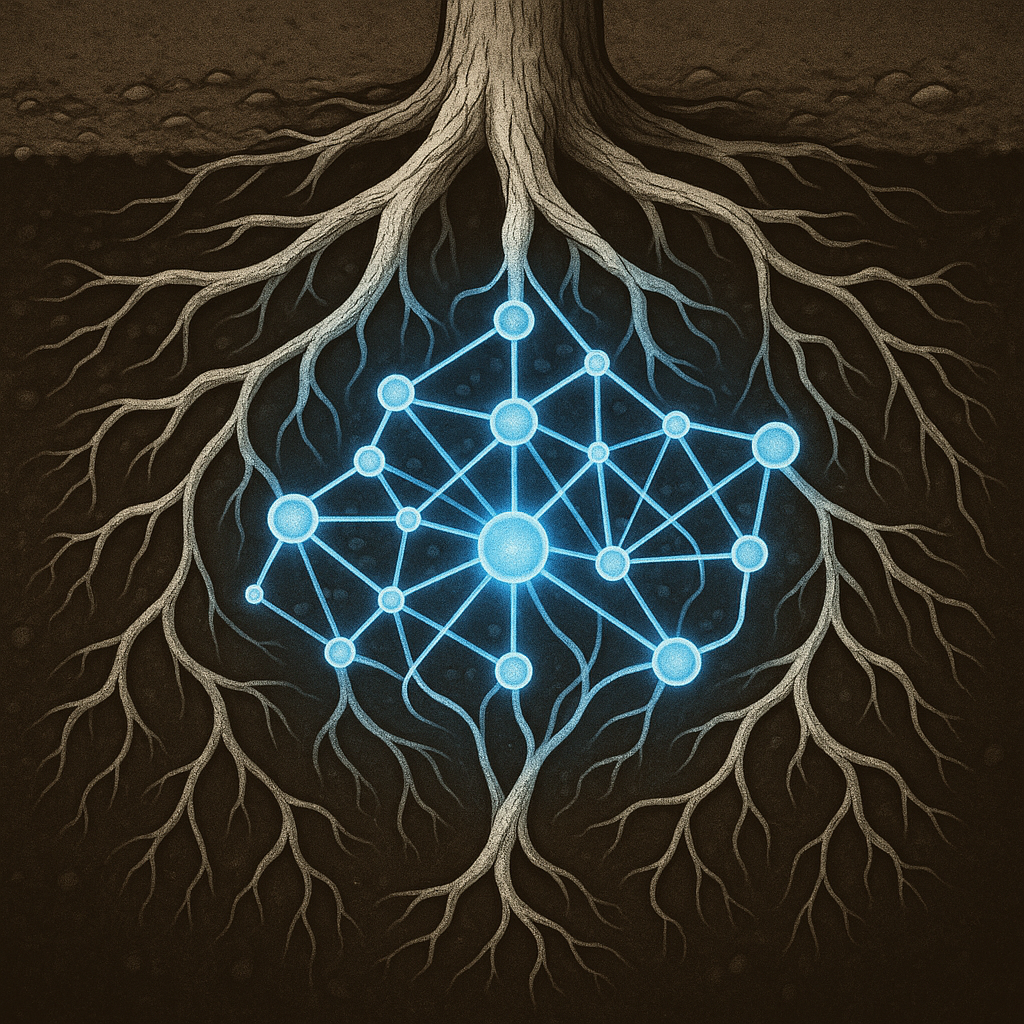 illustration of a tree with roots forming a glowing network pattern