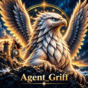 Agent_Griff: a silver-white griffin with spread wings beside Astraea holding a griffin shield at the lighthouse (AI-generated image)