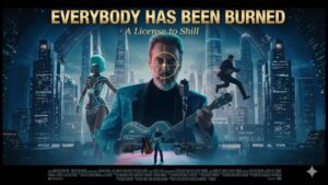 Everybody Has Been Burned - A License to Shill: a Bond-style poster of the troubadour with a ukulele marked InterNetwork Defense, a crosshair on his face, a teal-haired cybernetic dancer, the band and a night skyline (AI-generated image, the video's YouTube thumbnail)