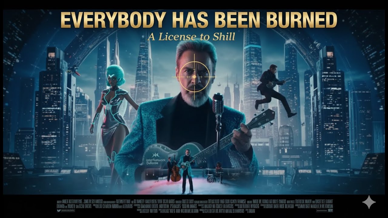 Everybody Has Been Burned - A License to Shill: a Bond-style poster of the troubadour with a ukulele marked InterNetwork Defense, a crosshair on his face, a teal-haired cybernetic dancer, the band and a night skyline (AI-generated image, the video's YouTube thumbnail)