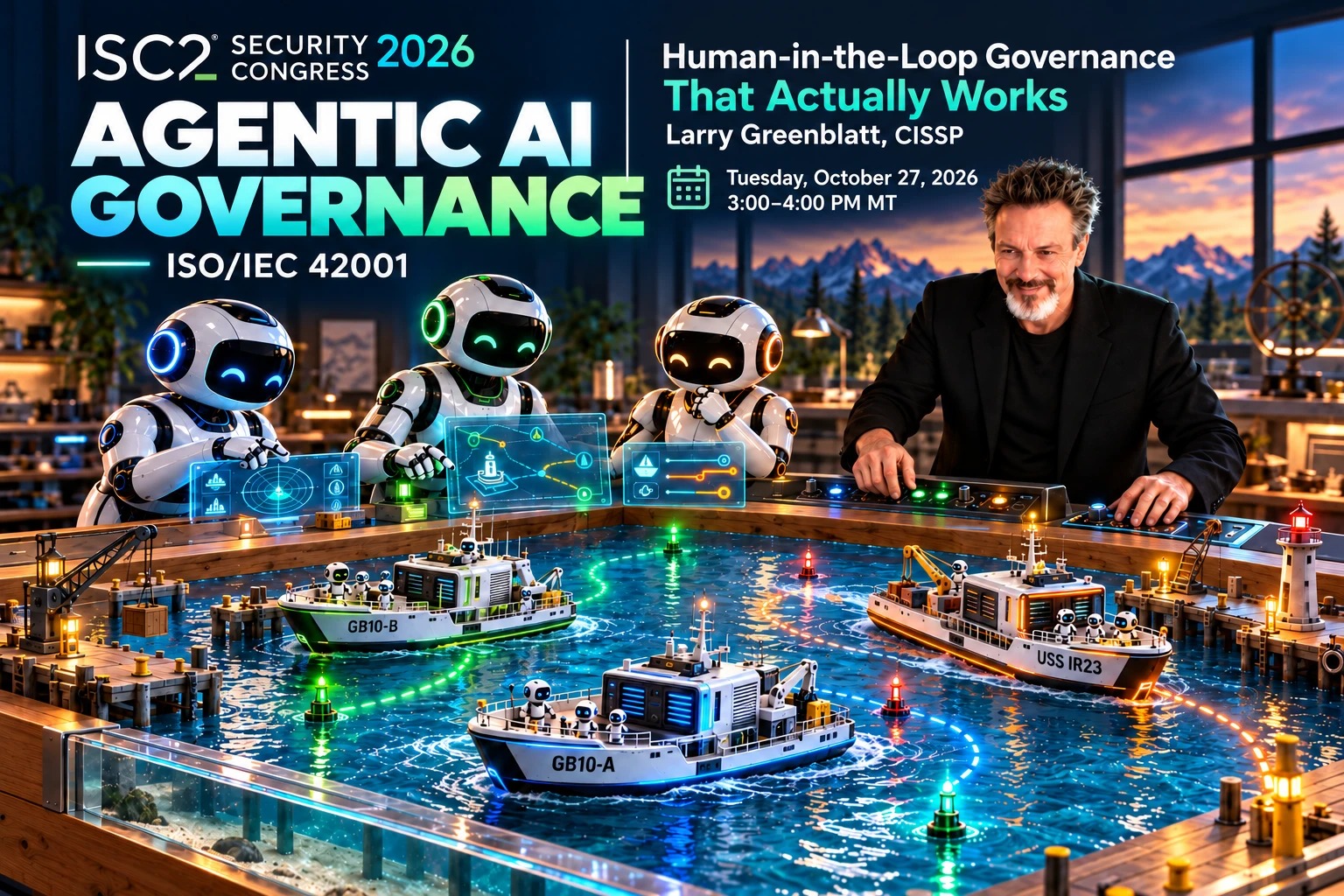ISC2 Security Congress 2026 - Agentic AI Governance, ISO/IEC 42001: Human-in-the-Loop Governance That Actually Works. Larry Greenblatt, CISSP, Tuesday, October 27, 2026, 3:00-4:00 PM MT. Friendly robots at holographic screens and a model harbour with a lighthouse and robot-crewed ships, with Larry at the control console (AI-generated image)