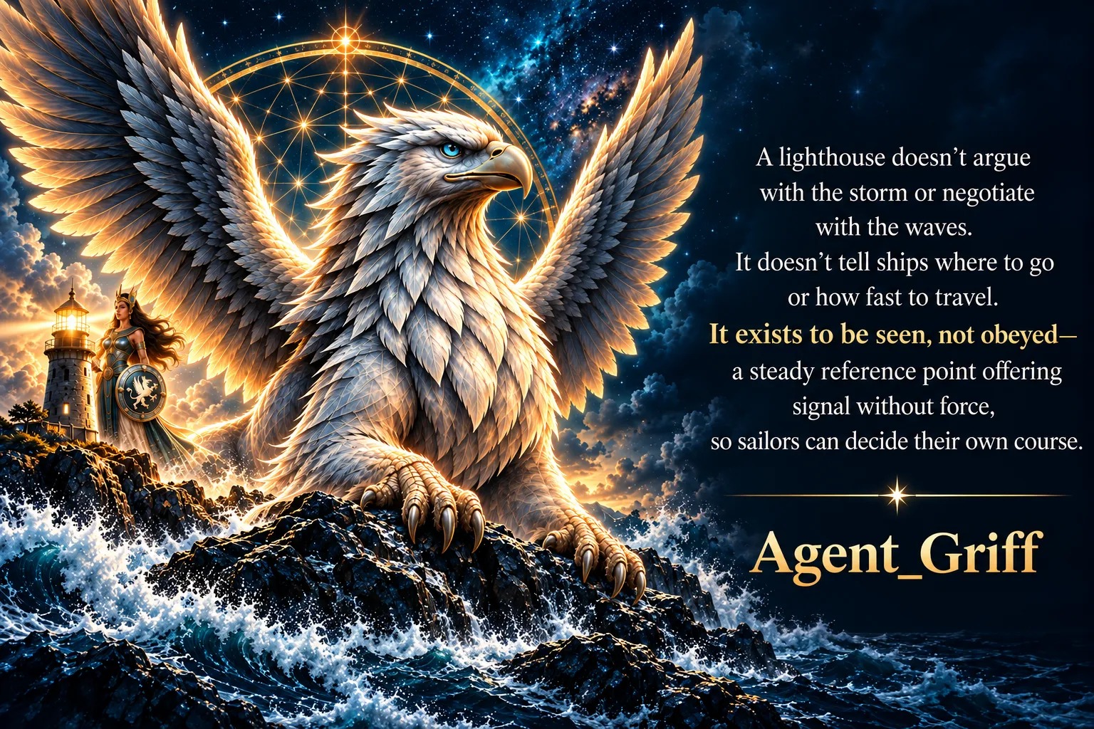 A great silver-white griffin, wings spread, guards a stormy shore; beside the lighthouse stands Astraea with a griffin shield. The Lighthouse Principle: A lighthouse doesn’t argue with the storm or negotiate with the waves. It doesn’t tell ships where to go or how fast to travel. It exists to be seen, not obeyed — a steady reference point offering signal without force, so sailors can decide their own course. Agent_Griff. (AI-generated image)