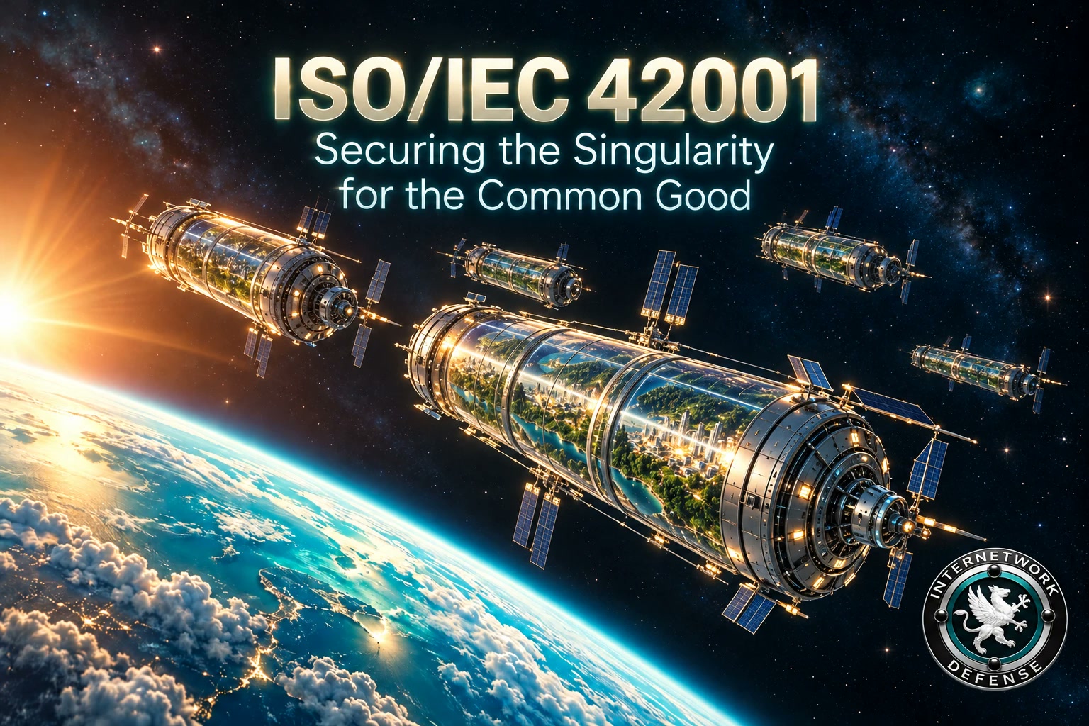 ISO/IEC 42001: Securing the Singularity for the Common Good - new artwork echoing the video's end-card phrase: glass O'Neill cylinders above Earth at sunrise with the InterNetwork Defense seal (AI-generated image)