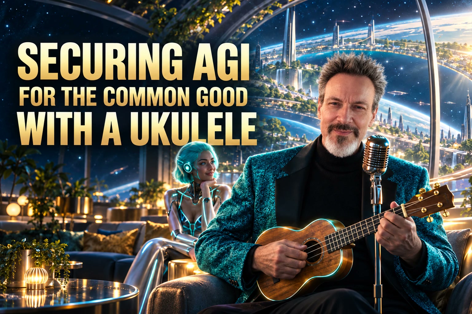 Securing AGI for the Common Good, With a Ukulele: Larry in a teal sequined jacket playing ukulele at a vintage microphone, a teal-haired cyborg woman in a lounge behind him, O'Neill habitat cities beyond the window (AI-generated image)