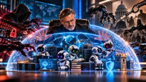 AI-generated illustration by Captain Larry: a steward spreads his arms over a glowing glass dome that shelters small white robots, books and servers, while clawed hands, chains and robotic arms reach in from outside.
