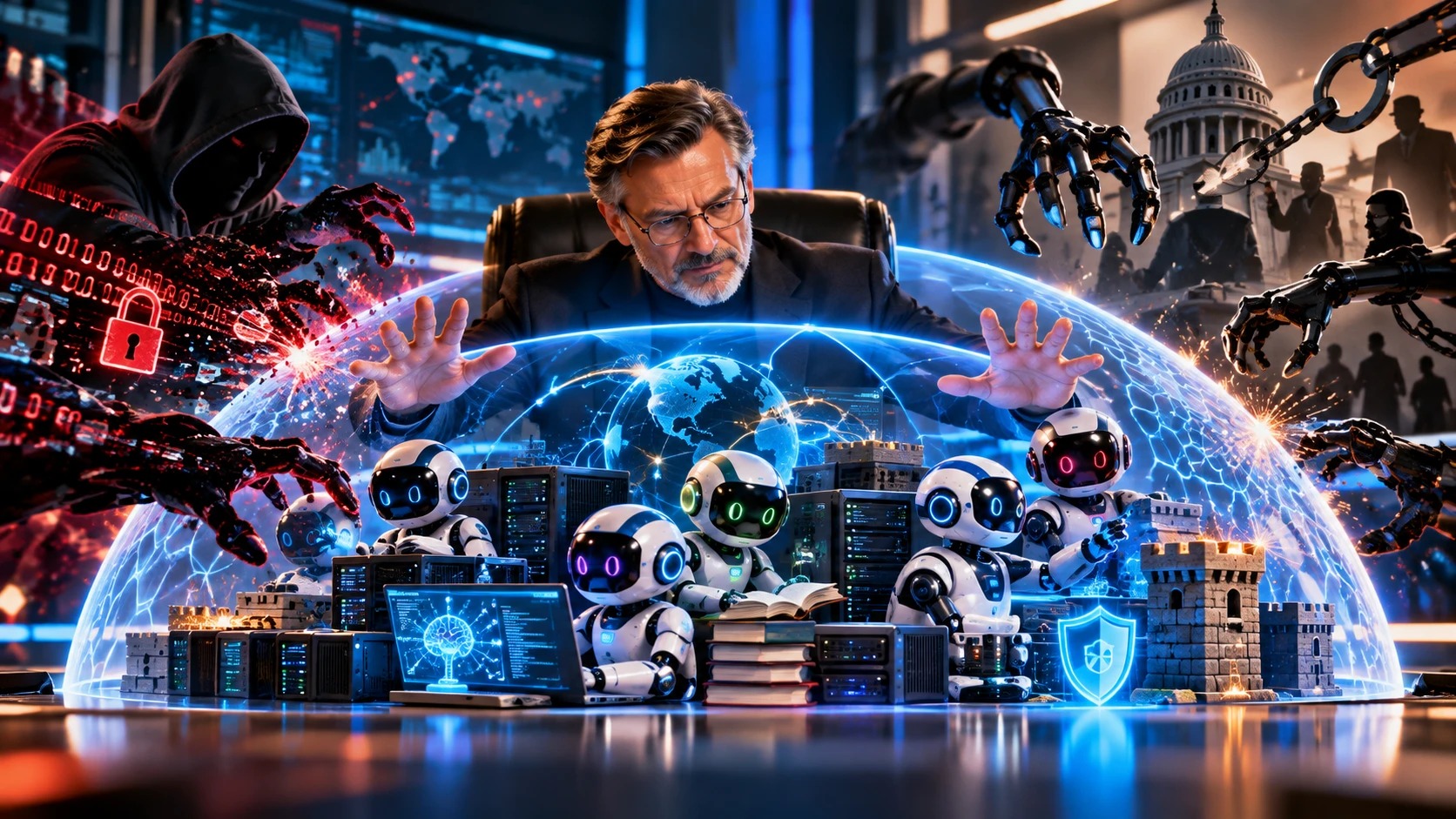 AI-generated illustration by Captain Larry: a steward spreads his arms over a glowing glass dome that shelters small white robots, books and servers, while clawed hands, chains and robotic arms reach in from outside.